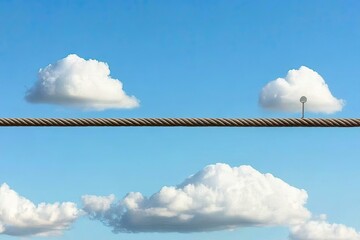 A thin wire stretched across a clear blue sky, with fluffy white clouds on either side