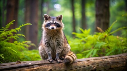A curious raccoon sits perched atop a weathered log in a sun-dappled forest, its fur a rich tapestry of browns and grays, eyes fixed intently on the viewer.