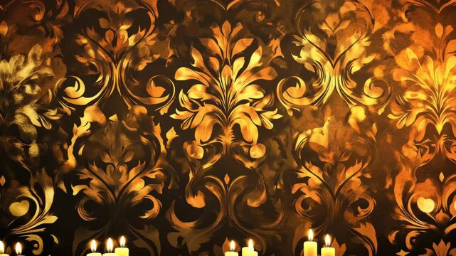 A gold and brown floral patterned wallpaper. The wallpaper is ornate and has a warm, inviting feel