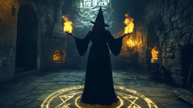 A witch is standing in front of a circle with the letters A and B on it. The circle is glowing and the witch is holding a wand
