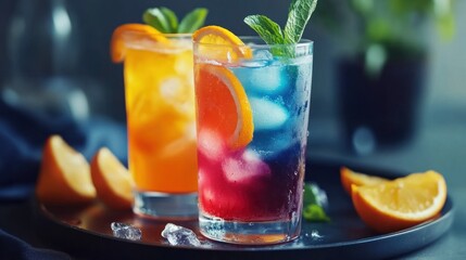 Vibrant colorful cocktails with ice, orange slices, and mint