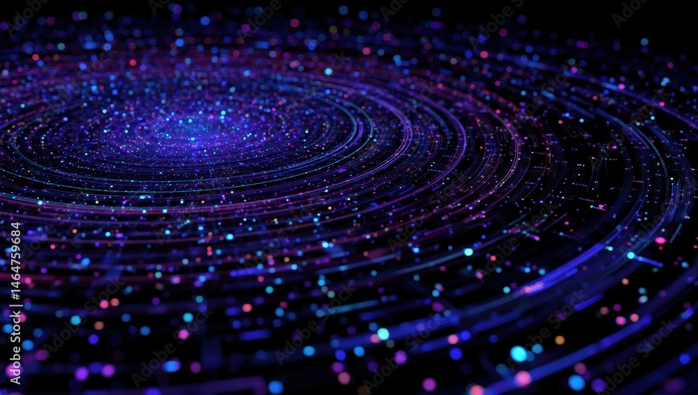 Poster abstract digital background with glowing purple and blue circles, swirls, and dots, creating a dynam