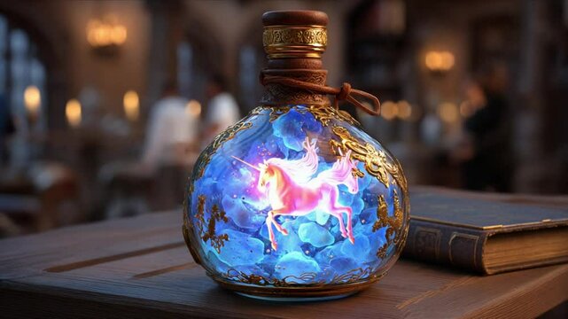 Enchanted potion bottle containing a glowing unicorn, set in a mystical library with warm lighting