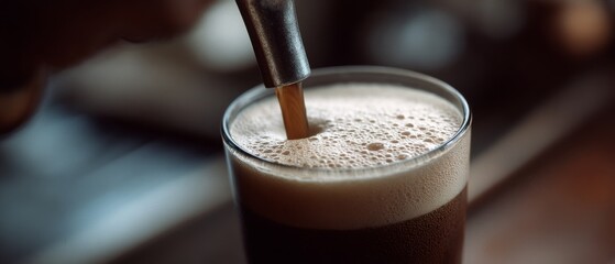 Espresso cascades into a glass, creating a creamy froth, embodying the rich aroma and inviting allure of a morning coffee ritual.