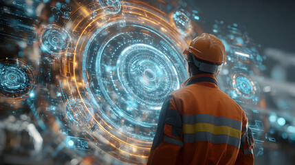 Future vision construction worker observes complex holographic interface system with technical data