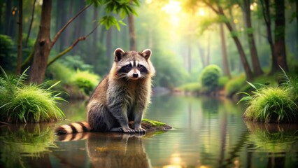 Obraz premium Serene Raccoon by the Still Waters of a Woodland Stream, Basking in the Golden Light of Dawn