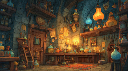 A cozy, medieval alchemist"s workshop filled with glowing potions, glass bottles, and shelves lined with mystical ingredients.