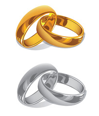 Two golden wedding rings, a symbol of love and marriage, isolated on white