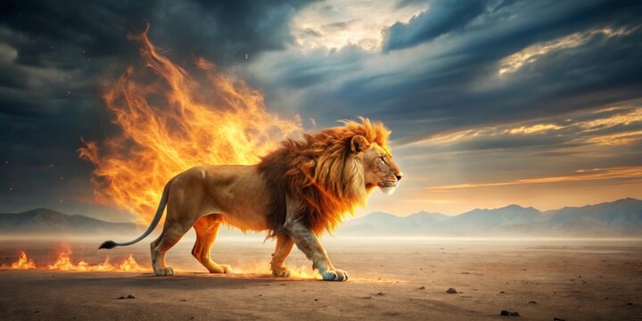Majestic Lion in Fiery Ambiance, Walking Across a Desolate Plain at Sunset