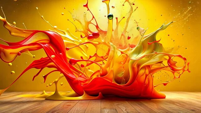 Vibrant Colors Dance A Liquid Ballet of Yellow and Red Paint Splashing on Wood