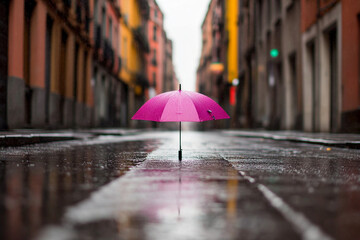 Colorful umbrellas adorn a lively street after the rain in a vibrant urban setting