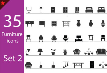 Flat Black Furniture Icons Set – Minimalist Home and Office Furnishing Symbol Collection