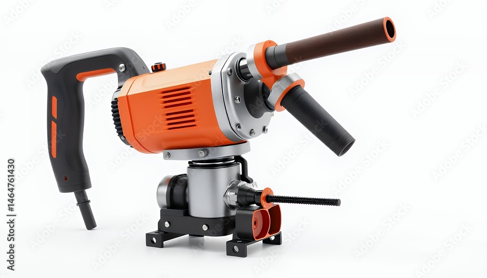 Poster angled studio shot of an orange and black portable drilling machine isolated on white background fea