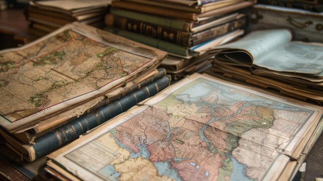 Vintage maps amongst stacked books