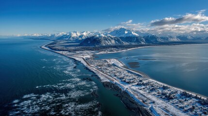 Fototapeta premium Stunning Aerial Perspective of Homer Spit, Reflecting the Majesty of Homer Alaska's Blue Bay Landscape