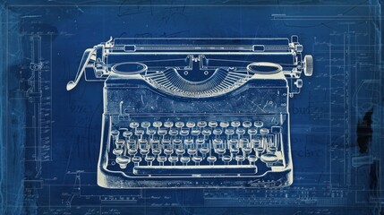 Vintage typewriter, blueprint background