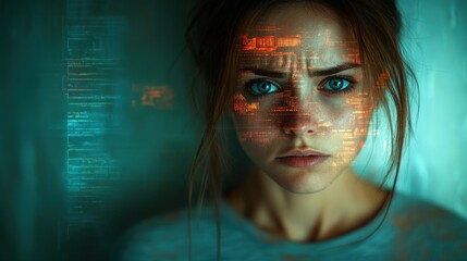 Woman with digital code overlay on face