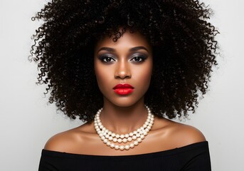Elegant Black Woman with Afro, Red Lipstick, Pearl Necklace Beauty Portrait.
