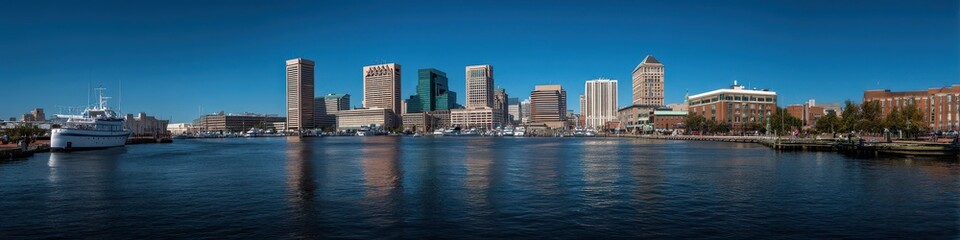 Fototapeta premium Norfolk Cityscape: Vibrant Skyline and Dock Life with Skyscrapers and Boats Against a Stunning Sunset