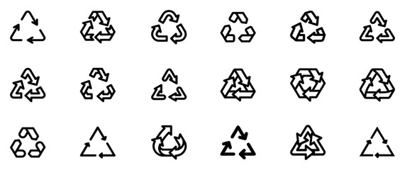 Recycle vector icon set. Arrows, heart and leaf recycle eco green symbol. Rounded angles. Recycled signs illustration isolated on white background. Recycling arrow ecofriendly. Vector Illustration. 