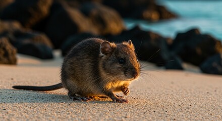 Brown Rat on Beach at Sunset