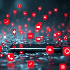A smartphone surrounded by floating red social media icons, creating a digital and dynamic atmosphere in a rainy setting.