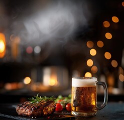 Beer glass with steak and herbs on evening pub background