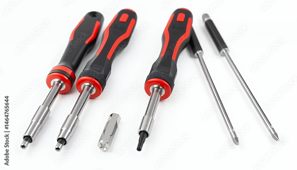 Poster close up of multiple black and red screwdrivers with interchangeable heads on a clean white backgrou