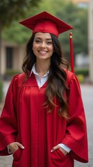 JOVENES VESTIDOS DE TOGA Y BIRRETE ROJO EN SU GRADUACION