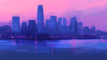 Fototapeta premium Abstract skyline cityscape with colorful gradient and water reflection