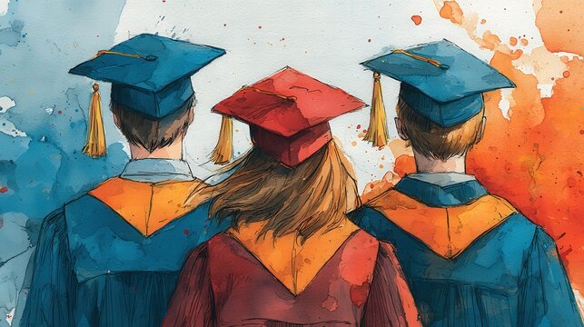 Graduates in Caps and Gowns Standing Together from Behind Against a Colorful Background in an Artistic Style