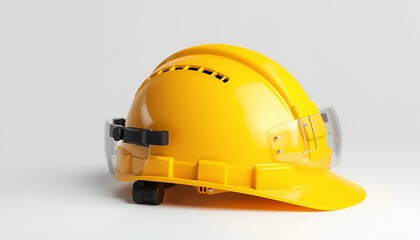 Close Up of Yellow Construction Hard Hat with Clear Eye Protection Isolated on White Background Offering a Clear View for Occupational and Workplace Safety