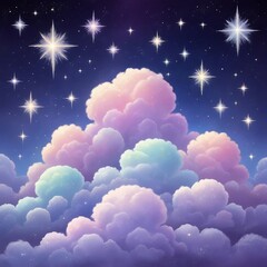 A dreamy sky filled with colorful clouds and shining stars, creating a serene and whimsical atmosphere.