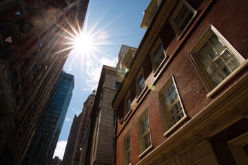 Obraz premium Old State House and Modern Buildings: A Contrast of Historical Architecture against Boston's Sunlit Skyline