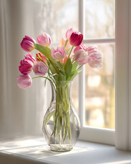 A vase of pink and white flowers sits on a windowsill