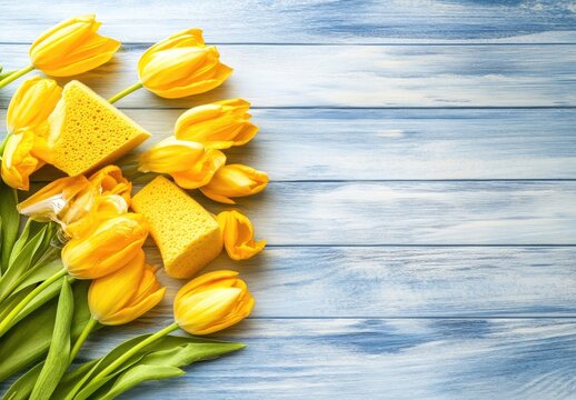 Fresh yellow tulips and cleaning sponges on a light blue wooden surface.  Arrangement of bright yellow flowers and cleaning supplies, creating a spring cleaning concept