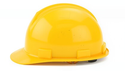 Fototapeta premium Elevated Side Angle of a Yellow Hard Hat Construction Safety Equipment Isolated on White Background for Workplace Safety Depicting Industrial Protective Headgear