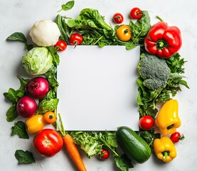 Fresh vibrant vegetables arranged around a blank paper