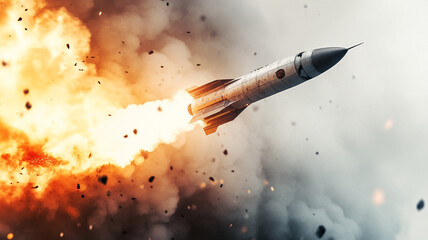 a flying rocket with smoke and fire isolated on a white background