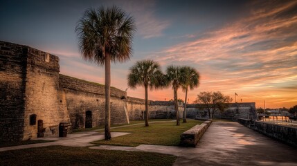 Obraz premium Historic St Augustine Fortress at Sunset in March: A Glimpse of America's Ancient Coastal Architecture