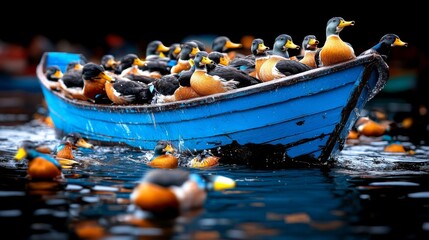 Fototapeta premium A vibrant blue boat filled with numerous ducks swimming in calm water