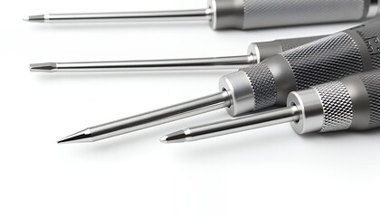 High Angle Shot of Four Silver Precision Screwdrivers on White Background Metalic and Shiny Detail Studio Shot Crafting and Engineering