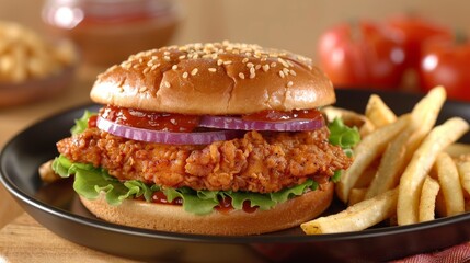 Delicious crispy chicken sandwich served with fries on a dark plate for a tempting meal