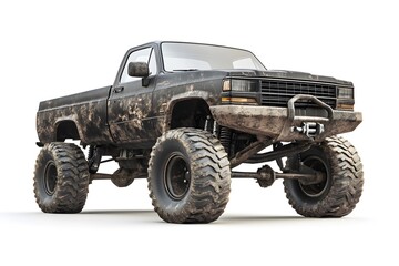 A lifted black pickup truck with large tires and mud splatters on a white background in studio shot