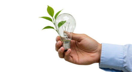 Isolated Hand Holding Light Bulb with Plant Inside