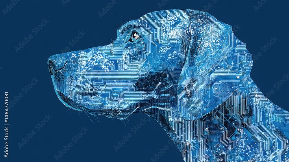 Poster canine intellect: neural network visualization in a blue dog head with digital memory concepts