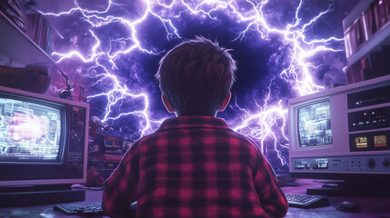 A person in a red checkered shirt sits at a desk with two computer monitors, looking at a stormy sky filled with lightning.
