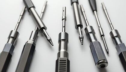 Precision Metallic Screwdrivers Set Isolated on White Background for Engineering and Repair Tools with Detailed Craftsmanship and Shiny Steel Finish with Angle Shot