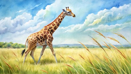 Fototapeta premium A graceful giraffe calmly strides through a sun-drenched savanna, its long neck elegantly arched against a vibrant blue sky dotted with fluffy white clouds.