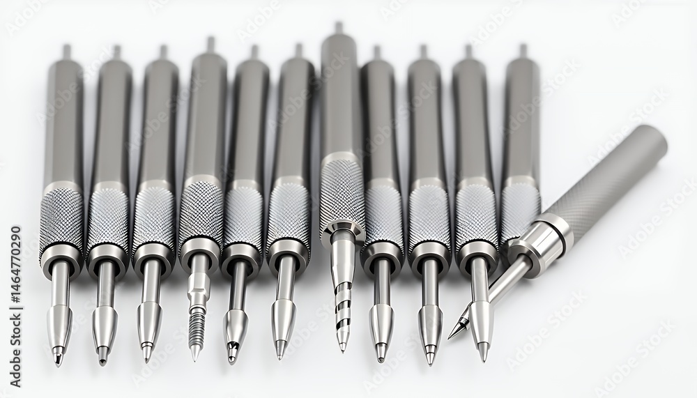Poster row of eleven silver metal scriber tools with textured grip isolated on white background for precise